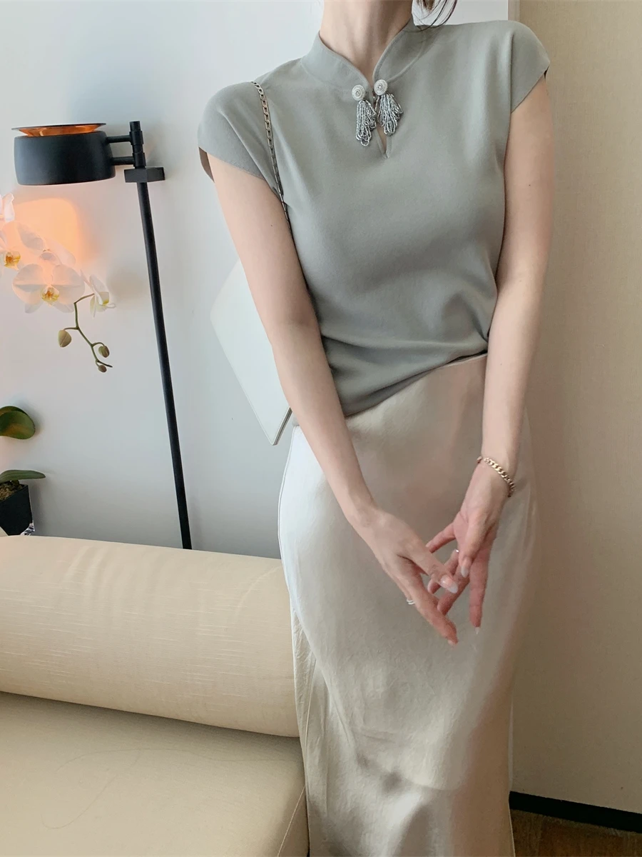 

DAJO'S Red Label New Chinese Sle Knitted irt Cotton Puller Bead Beautiful T-irt Commute Sle ort Sve Thin M...