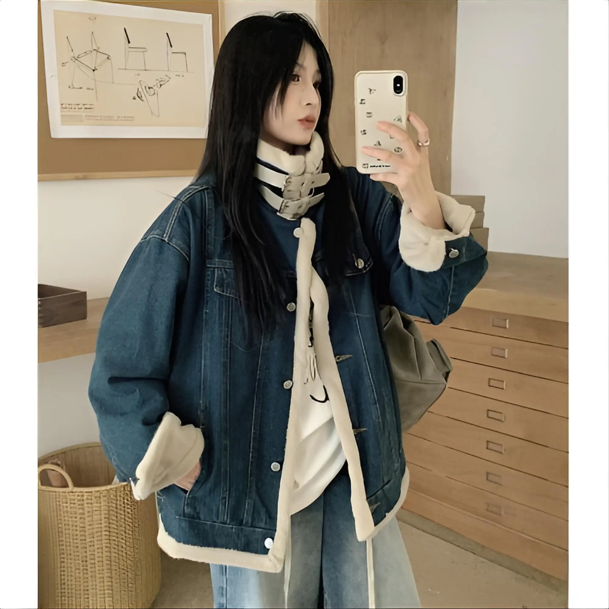 Cappotto di jeans con vera lampada di pecora Pelliccia invernale Peluche Donna Autunno scolpito Sartoria Minimalista Tendenza di strada Patchwork traspirante Y2K