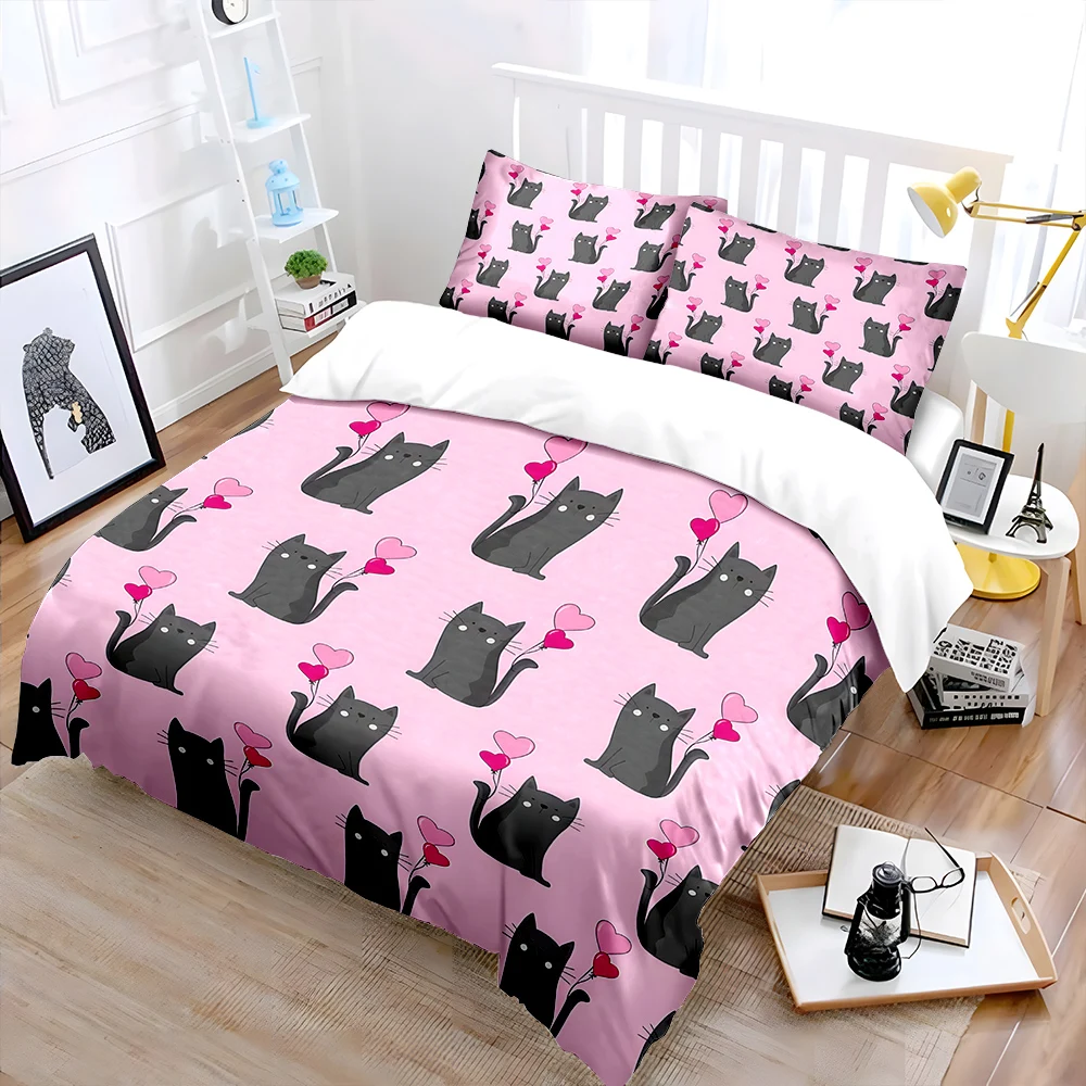 Black cats with heart balloons pattern Bedding Set 1 Duvet Cover 2 Pillowcases for Adult and Children Luxury Gift Full Size