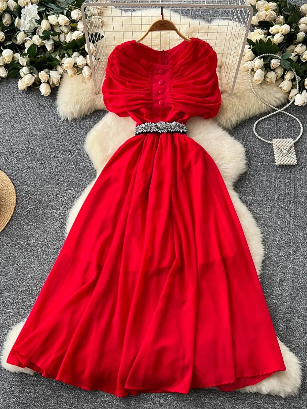 

Элегантная юбка А-силуэта с высокой талией, длиной до колена, с пуговицами, стройнящим дизайном, в корейском стиле, из полиэстера и шифона