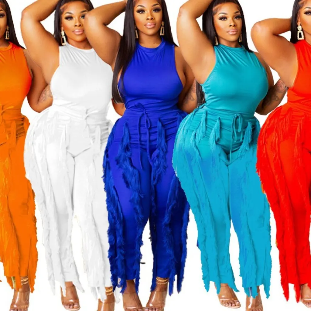 

Женский однотонный костюм-двойка с кисточками, одежда в европейском и американском стиле, бестселлер