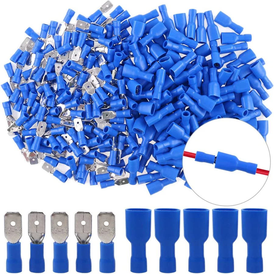 100pcs 50pairs 6.3mm 16 14AWG Female Male Electrical Wiring Connector Insulated Crimp Terminal Spade Blue