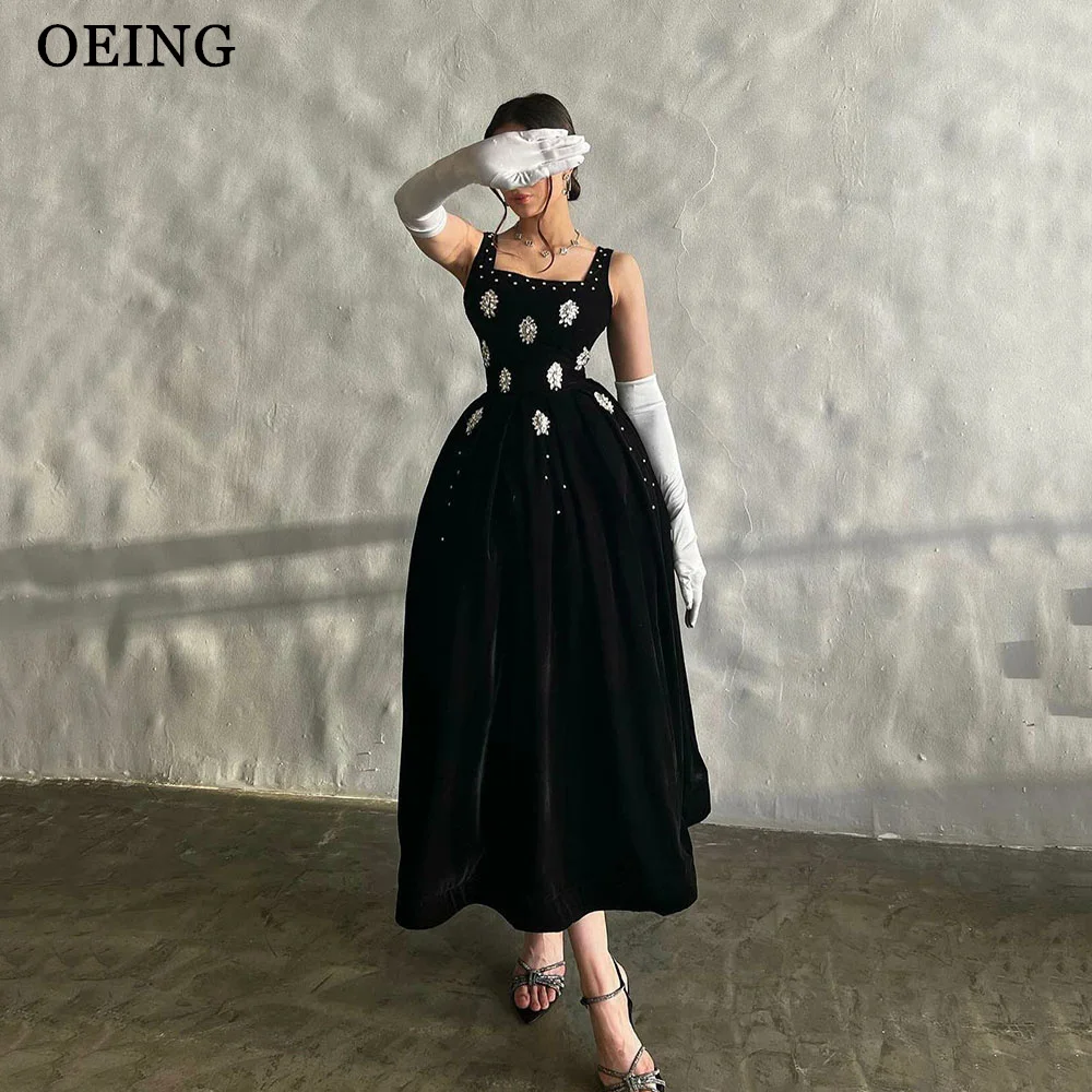 OEING Modest A Line Ladies Evening Dresses Elegant Square Collar Suspender Crystal Ankle Length Prom Gowns Formal Occasion Dress