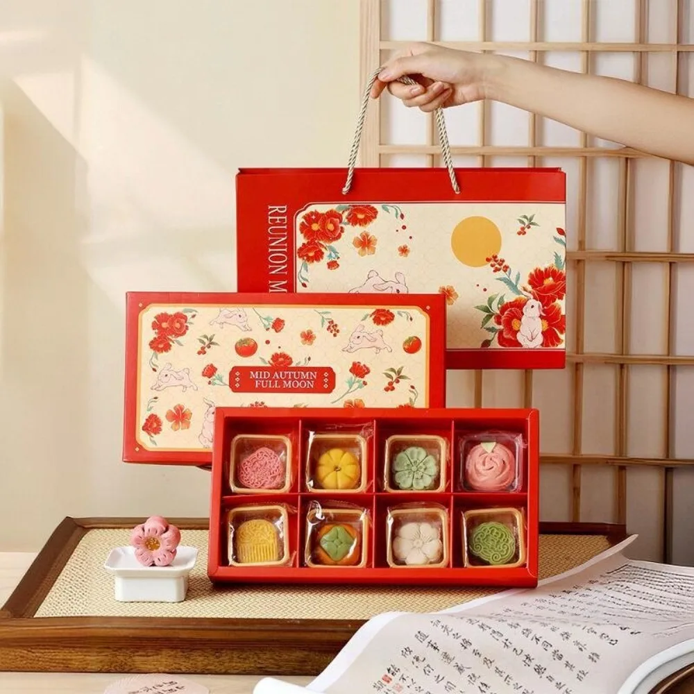 Juego de 5 Cajas de Regalo Estilo Chino para la Media Luna de Otoño, Caja de Regalo de Lujo con 6/8 Compartimentos para Bizcochos de Yema de Huevo, Caja Vacía para Pasteles de Luna de Conejo, Caja para Panadería