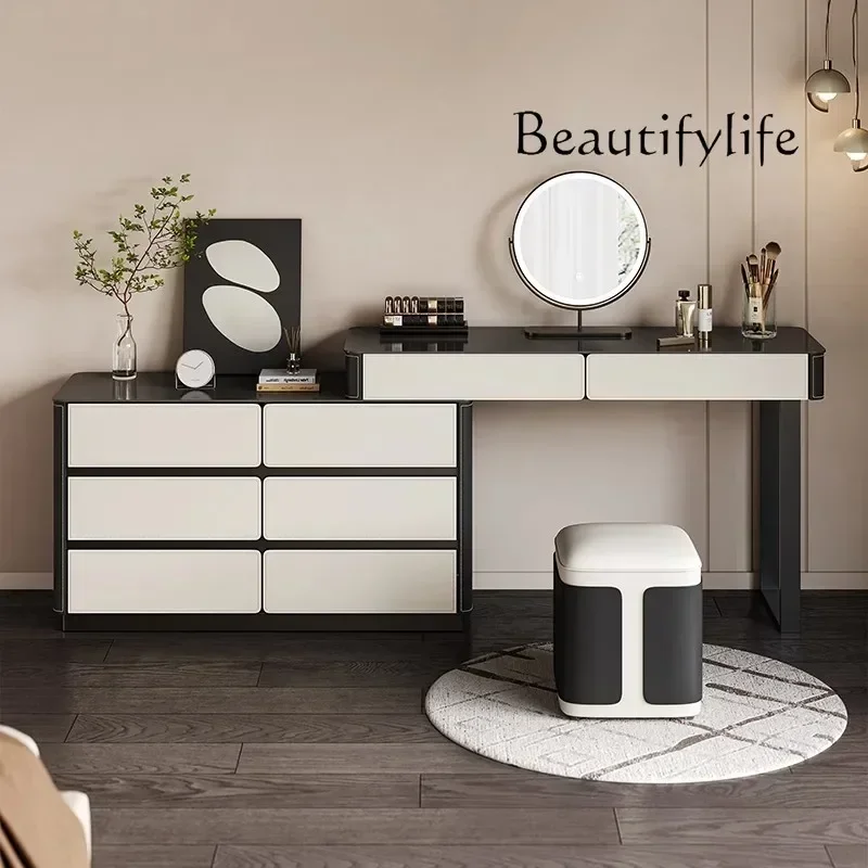 Tt Italian Minimalist Saddle Leather All Solid Wood Modern Minimalist Chest Integrated Bedroom Corner Telescopic Dressing Table