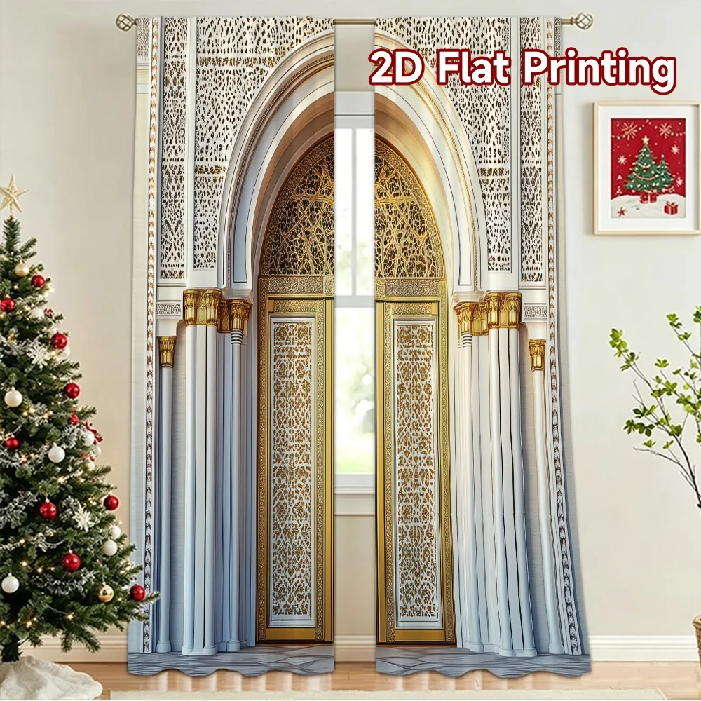 2D flat 2pcs Curtain Modern Minimalist Style Golden Archway Digitally printed polyester, colorfast Holiday Decorations Perfect