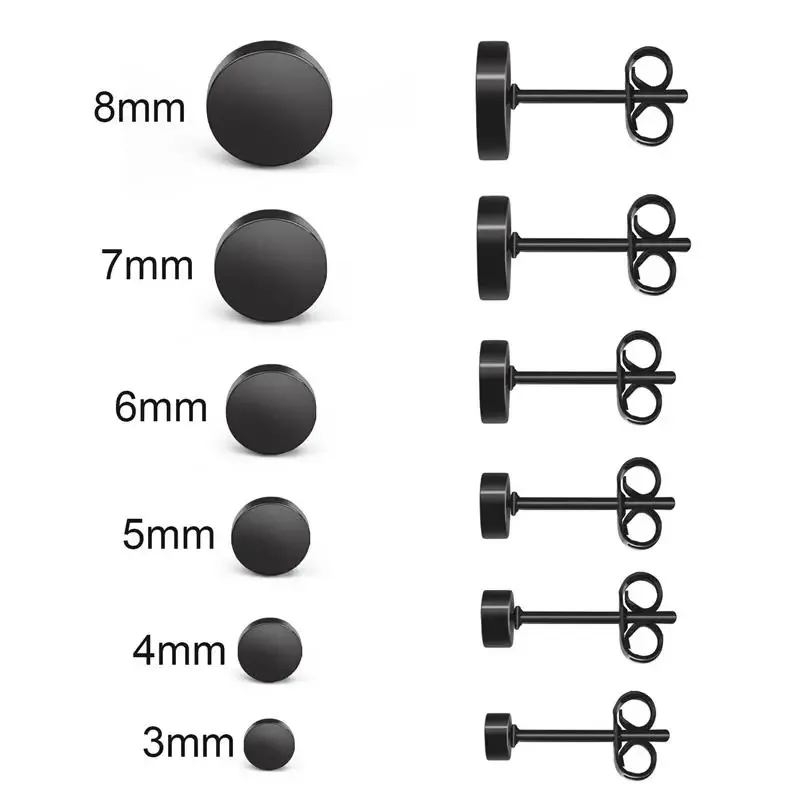 2pcs Stainless Steel Round Black Ear Studs for Men, 3-8mm Punk Stud Earring Push Back Stud Earrings For Women Men Jewelry