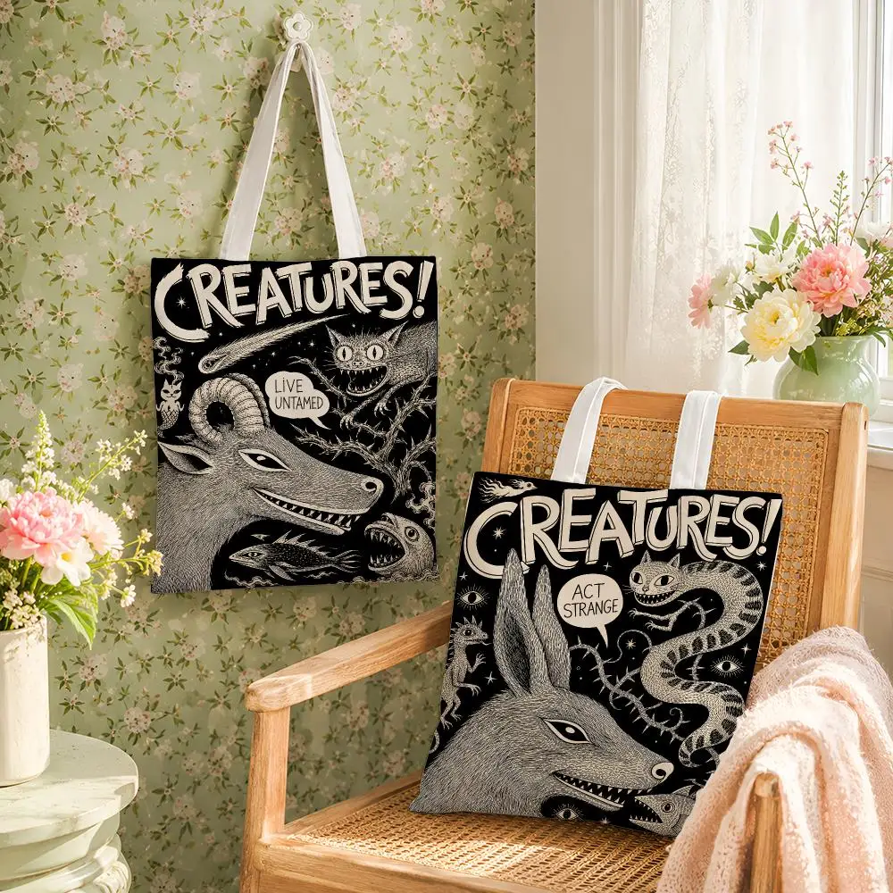 Strange Creatures Storage Bags Reusable Canvas Tote Large Capacity Shoulder Carry For Shopping Travel Work School