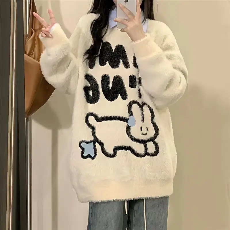 

Autumn and winter new Japanese sweet and lazy cartoon rabbit sweater women's loose long sleeved knitted sweater mink fur top