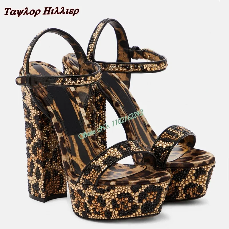 

Summer Open Toe Rhinestone Leopard Print High Heels Women'S Round Toe Thick Heels Waterproof Platform Buckle Strap Runway Shoes