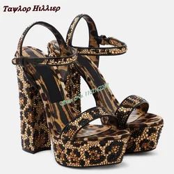 Summer Open Toe Rhinestone Leopard Print High Heels Women'S Round Toe Thick Heels Waterproof Platform Buckle Strap Runway Shoes
