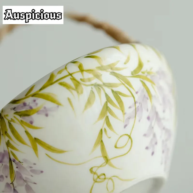 200ml Pure Hand-painted Wisteria Flower Soaking Tea Bowl Creative Green Tea Making Kettle Loop-handled Teapot Kung Fu Teaware