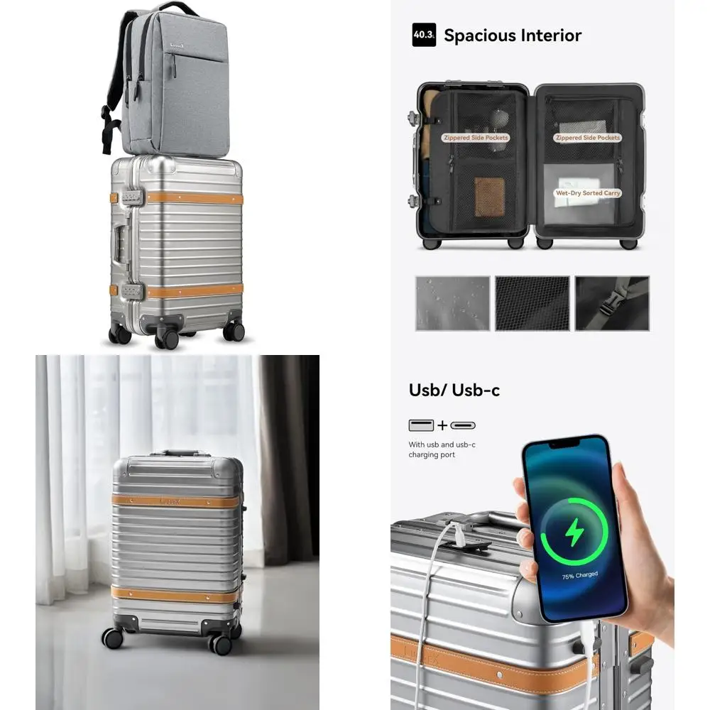 

aluminum carry-on luggage with wheels - zipperless hardshell suitcase with tsa lock (matte silver, 2-piece set: 20/backpack)