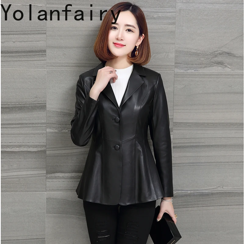 YOLANFAIRY Cappotto da abito in vera pelle di pecora moda Donna Primavera Autunno Giacca corta in vera pelle slim fit Donna Stile coreano