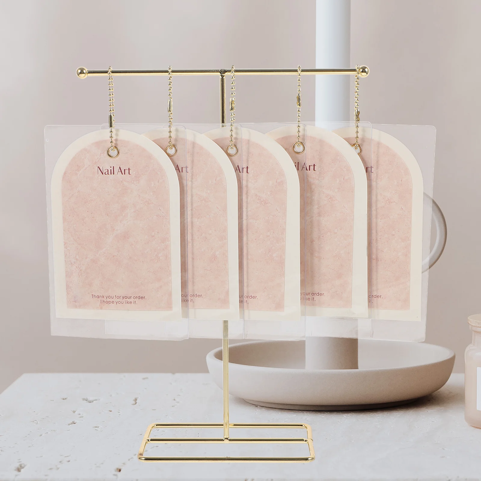 

1Set False Nail Display Cards Elegant Vintage Aesthetic T-Shaped Stand Nail Art Showing Holder Compact Storage Solution