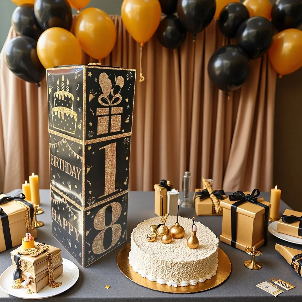 3-teiliges Set Papier-Geburtstagsdekorationsboxen in Schwarz-Gold mit Glitzerballon-Muster für Partydekoration zum 18. bis 70. Geburtstag.