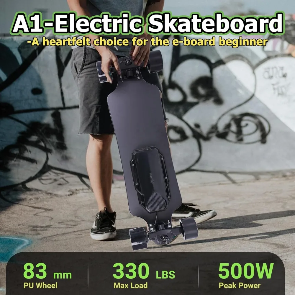 A1 Electric Skateboard with Remote, Long Range Up to 17 Miles, 8 Ply Canadian Maple, Smooth 4-Speed Remote Controller