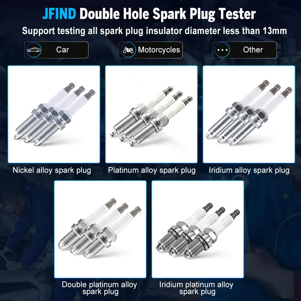 Jfind JF109 13mm Double hole Spark Plug Tester 110V 220V to 12V Car Motorcycle For KTM For BMW Detector Ignition Plug Analyzer