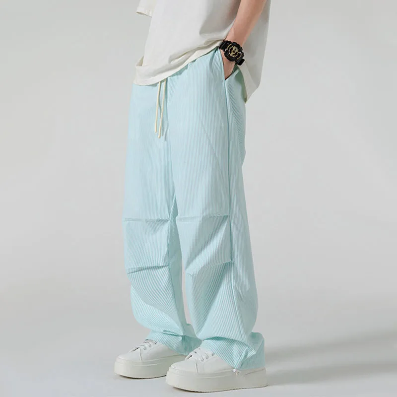 

Ice Silk Striped Wide Leg Pants For Women Men Drawstring Sweatpants Summer Thin Breathable Couple Casual Loose Straight Trousers