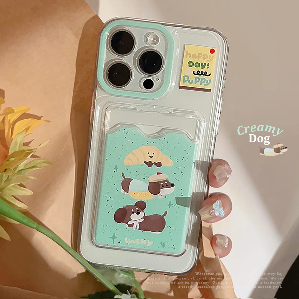 Cartoon Dachshund Dog Splash-ink Card Pocket Cover Case For iPhone 16 15 14 13 12 11 Pro Max 7 8 Plus Xs max XR X