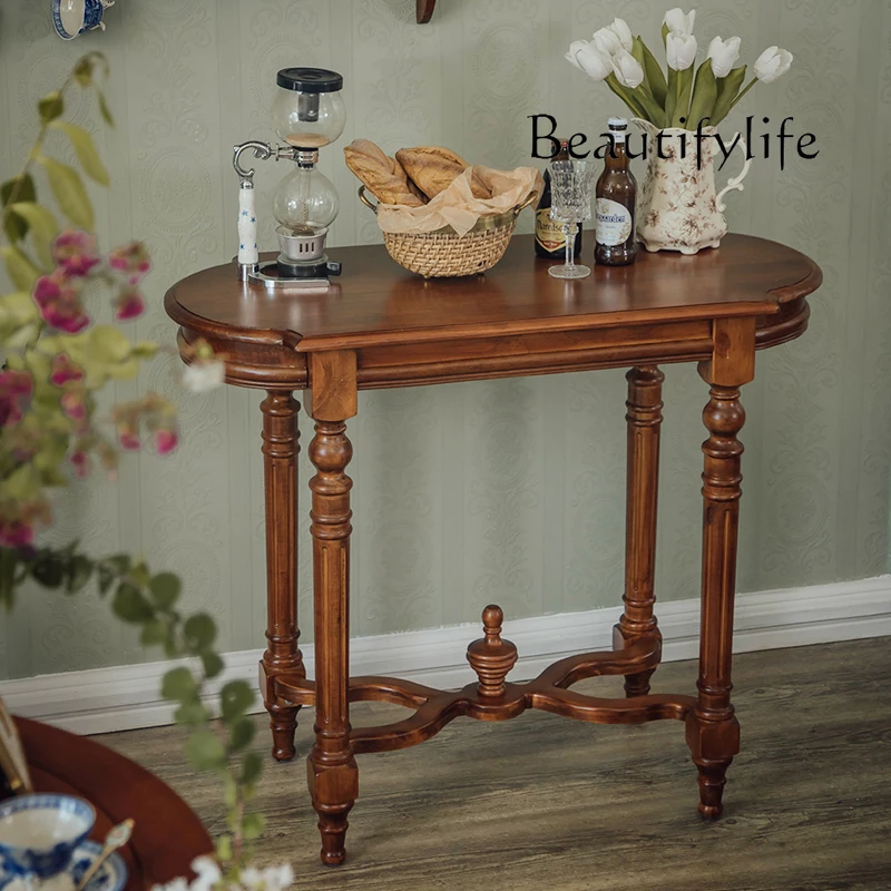 

American country solid wood carving flower corridor retro entrance table homestay simple table log entrance