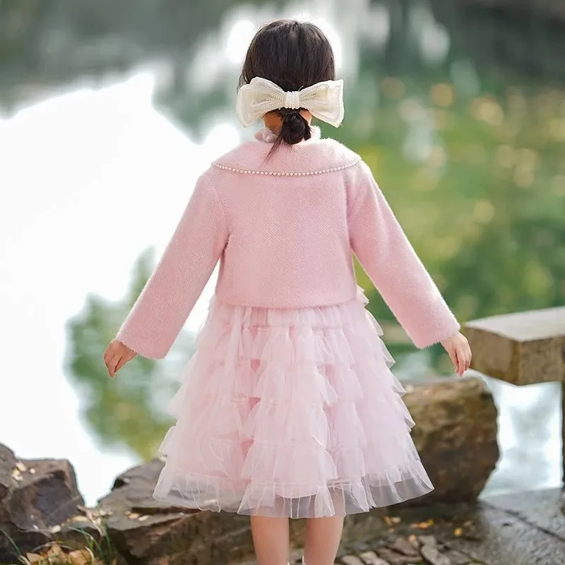 Winter Girls Velvet Clothing Sets Toddler Kids Short Jackets Coat + Long Sleeve Dresses for Girls High Quality Warm Outfits 4-14