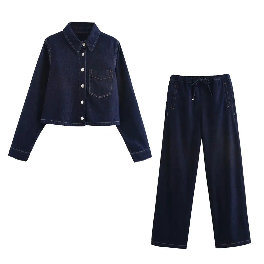 ZA Casual Style Long Sleeved Shirt and Wide Leg Pants Set for Women, Comfortable Collar Denim, Long Pants