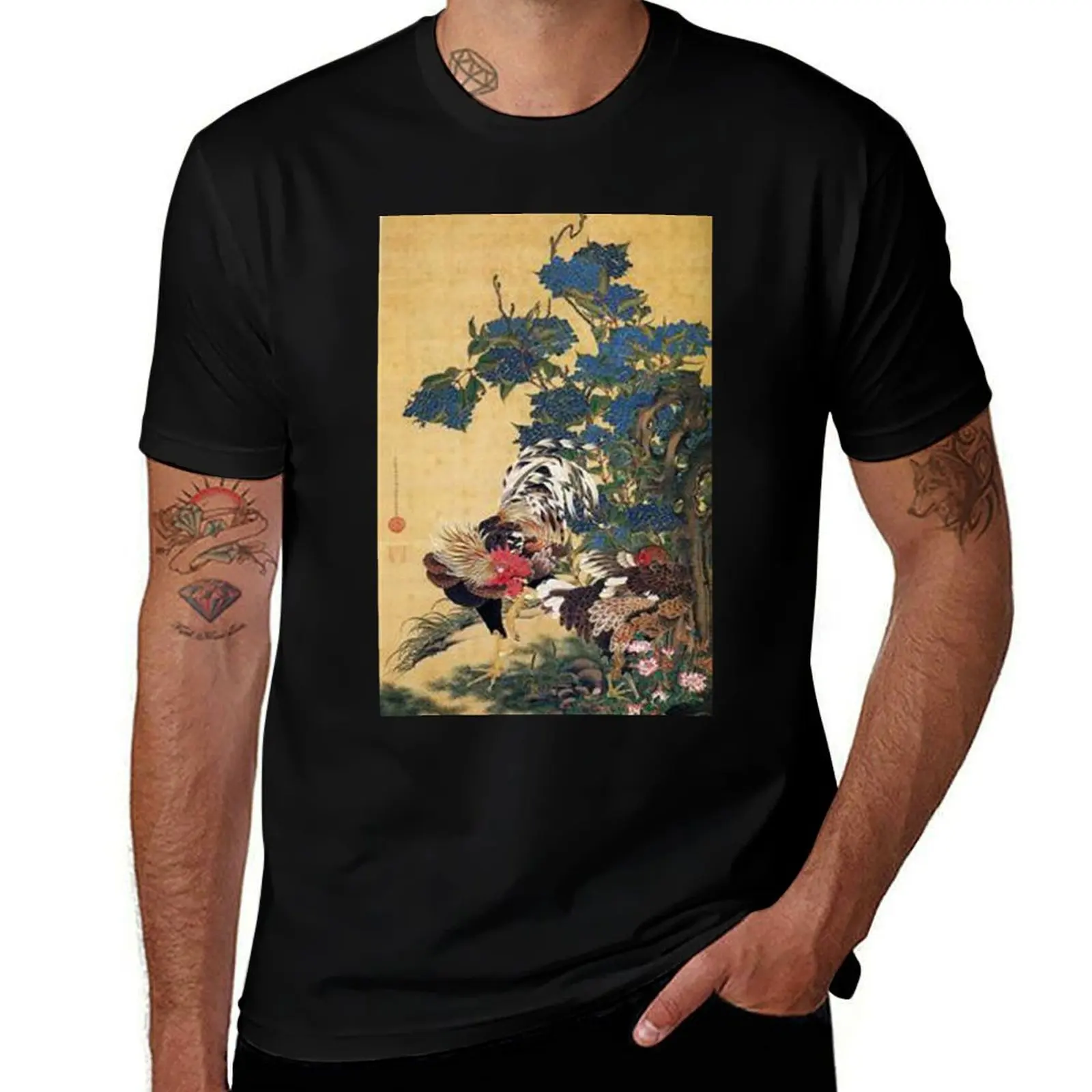 Favourite Artist - Rooster and Hen With Hydrangeas - Jakuchu Ito T-Shirt Street Fashion Casual Tee Shirt T-Shirt