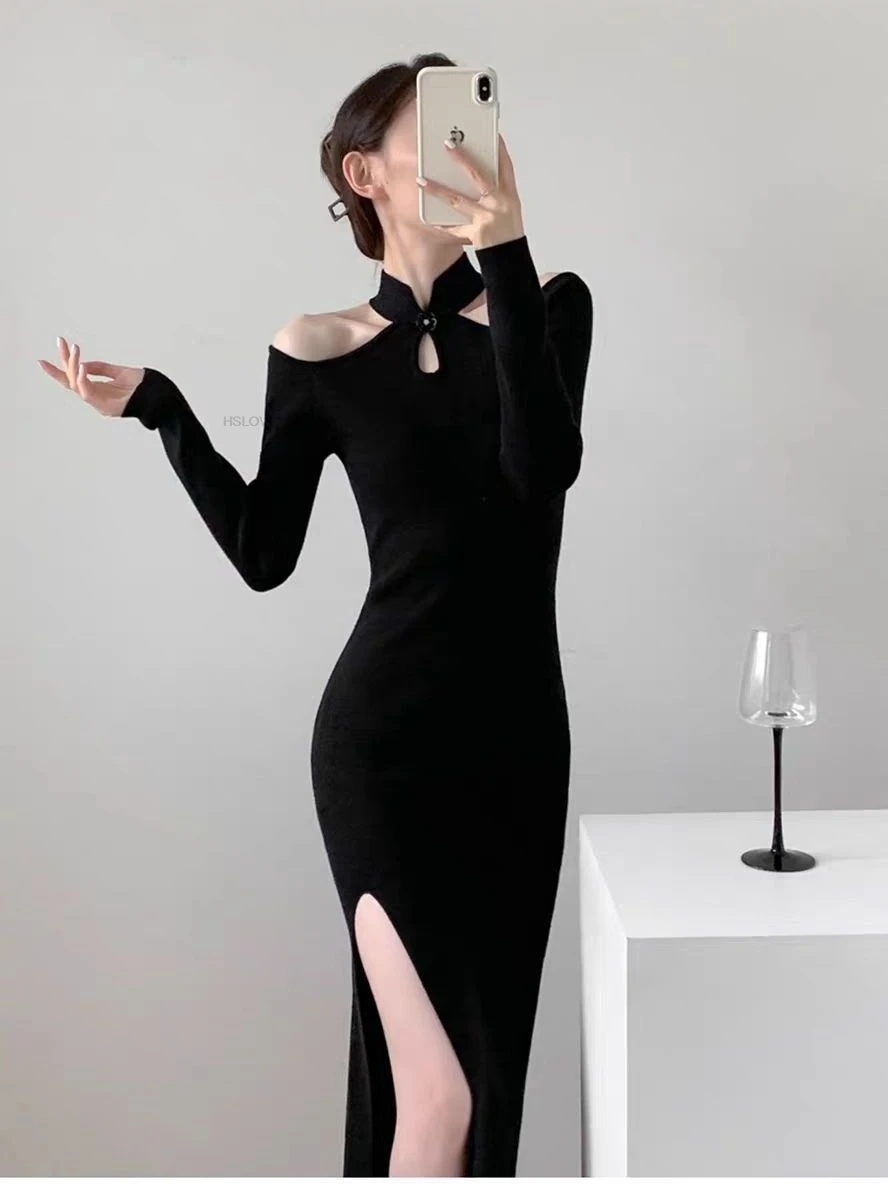 

Early Spring New Black Elegant Knitted Long Dress Shoulder-baring Slim Chinese Cheongsam Dress Women Sexy Qipao Dress