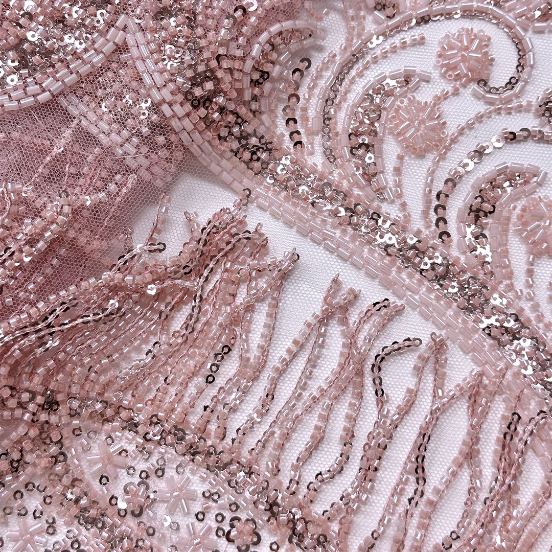 

Pink Fringe Beaded Sequin Lace Fabric By Yard Sheer Tulle Embroidery Luxury Material For Sewing Clothes bridesmaid dresses
