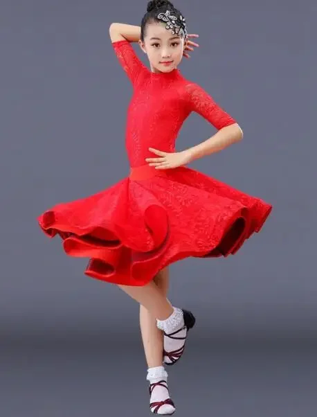 1set/ Girl long sleeve Latin Dance top and skirt  children Ballroom Salsa Tango lace costumes