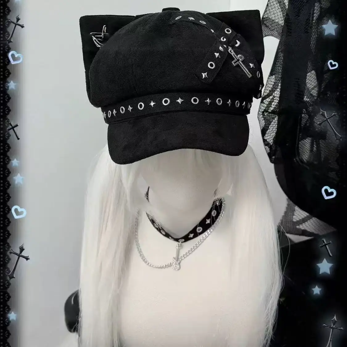 Y2K Alt Streetwear Cat Ear Octagonal Beret Hat 3D Cat Ear Metal Cross Charm Star Eyelet Belt Detail Punk Gothic Style Newsoy Cap