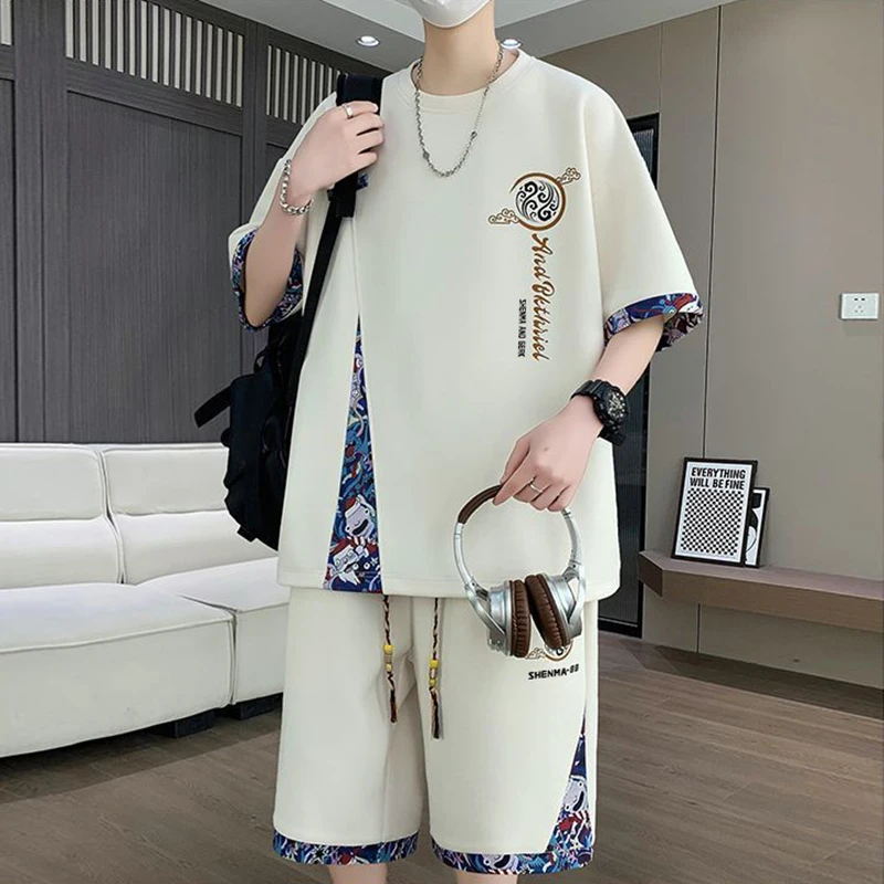 Chinese Style Short Sleeve Sportswear Set Casual Summer Outfit for Men Includes Shorts Two Piece Set Polyester Fabric