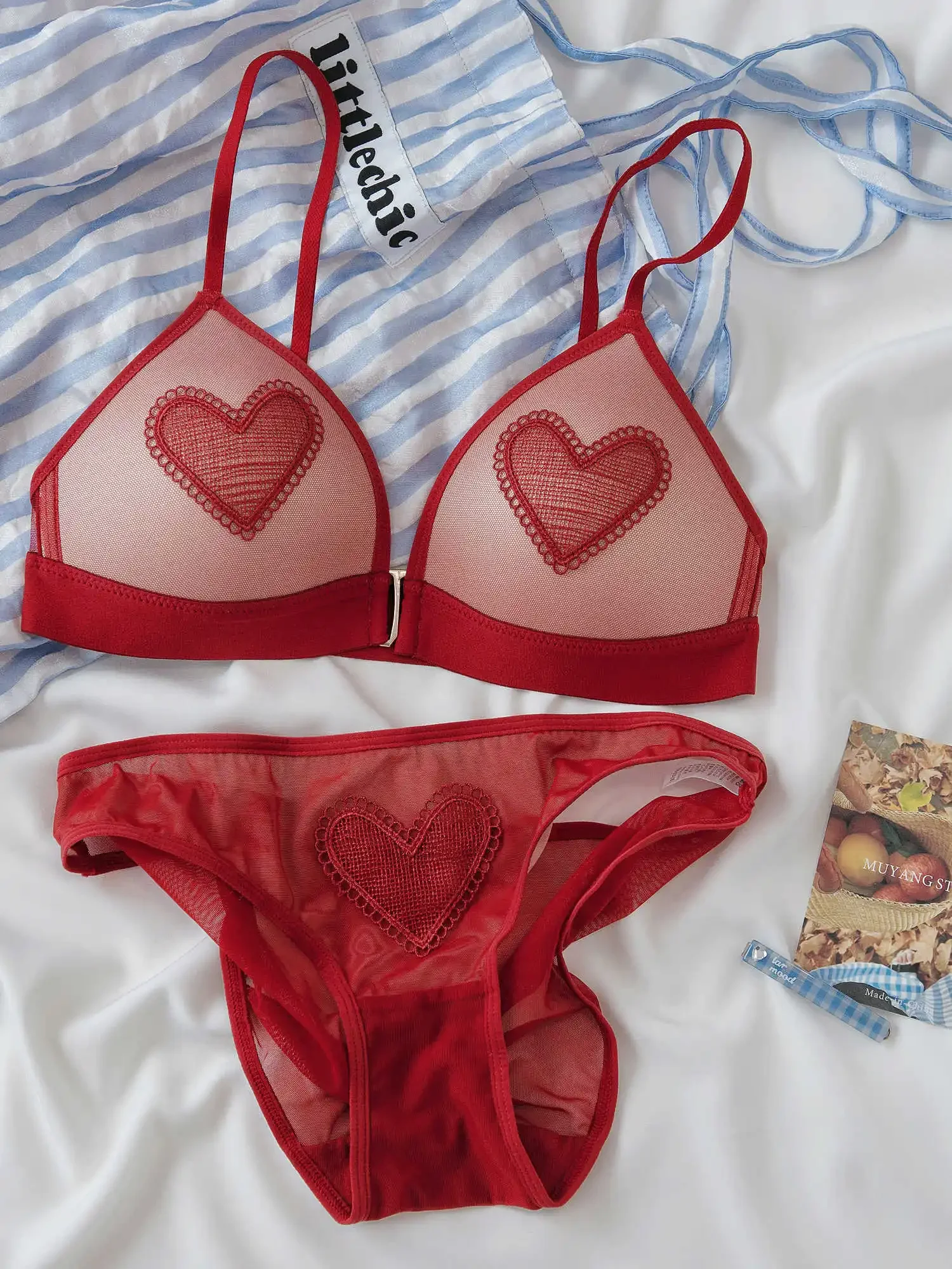 Red Bra Sets with Lace Embroidered Hearts Women Large Size Underwear Deep V Front Buck Bras Fresh & Delicate Lingerie Set