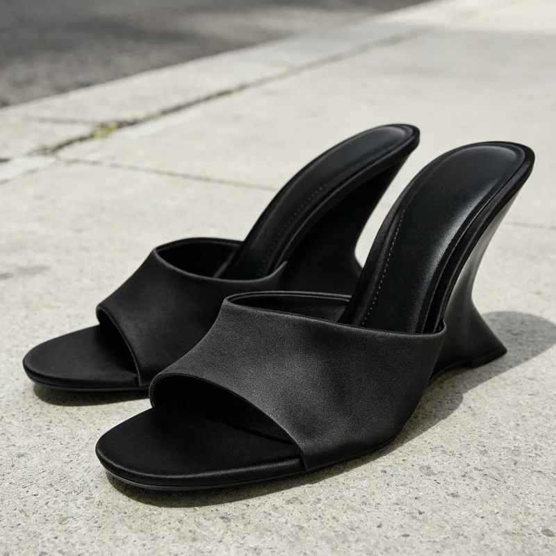 

Luxury Designer Wedge Sandals for Woman Fashion Brand Black Satin Open Toe High Heels Slippers Casual Comfortable Woman Shoes