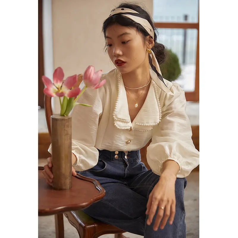 Woherb Vintage Pearl Beading Shirts Women Patchwork Peter Pan Collar Loose Puff Long Sleeve Korean Tops Sweet Elegant Blusas