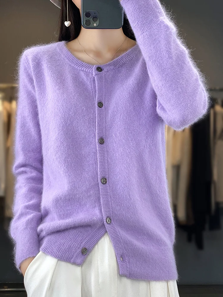 Women O-neck Cashmere Cardigan Cable Knitting Basic 100% Mink Cashmere Sweater Soft Comfy Simple Style Autumn Winter Knitwear