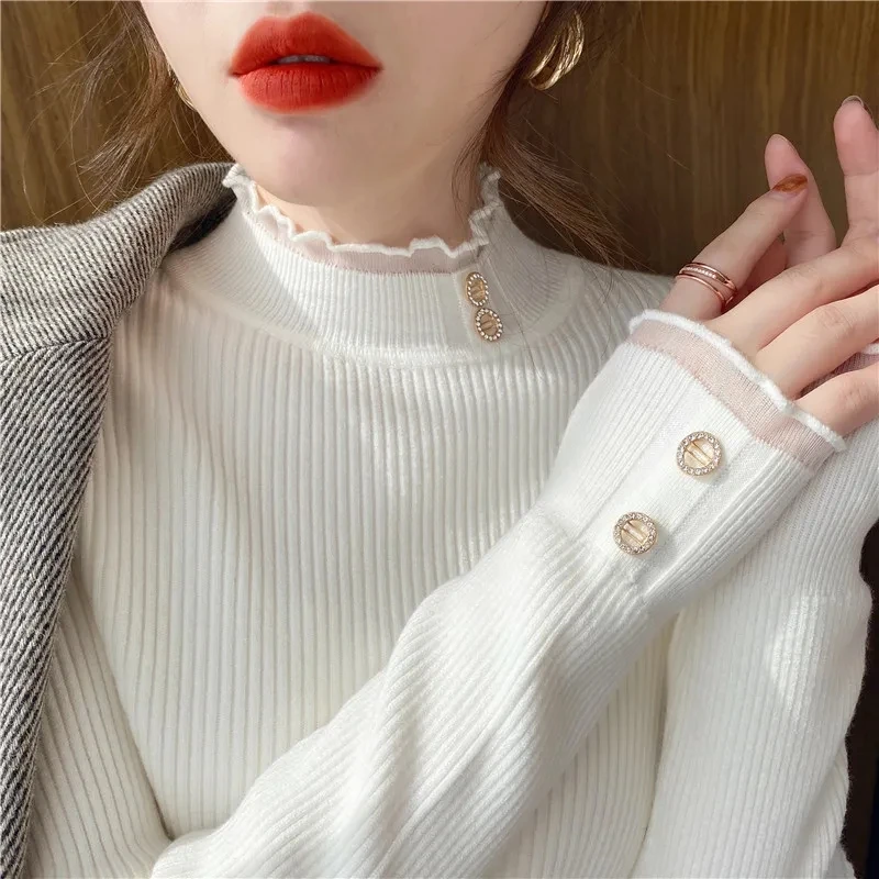 

2023 Autumn Basic Bottoming Sweater Top Women Ribbed Soft Mock Neck Elastic Pullover Warm Solid Color Slim Jumper