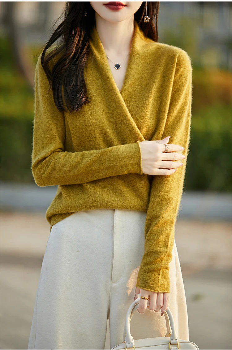 

Chic Women's Cross-over Collar Pullovers Sweater Simple Solid Color 100% Merino Wool Basic Soft Warm Fairy-like Style Tops