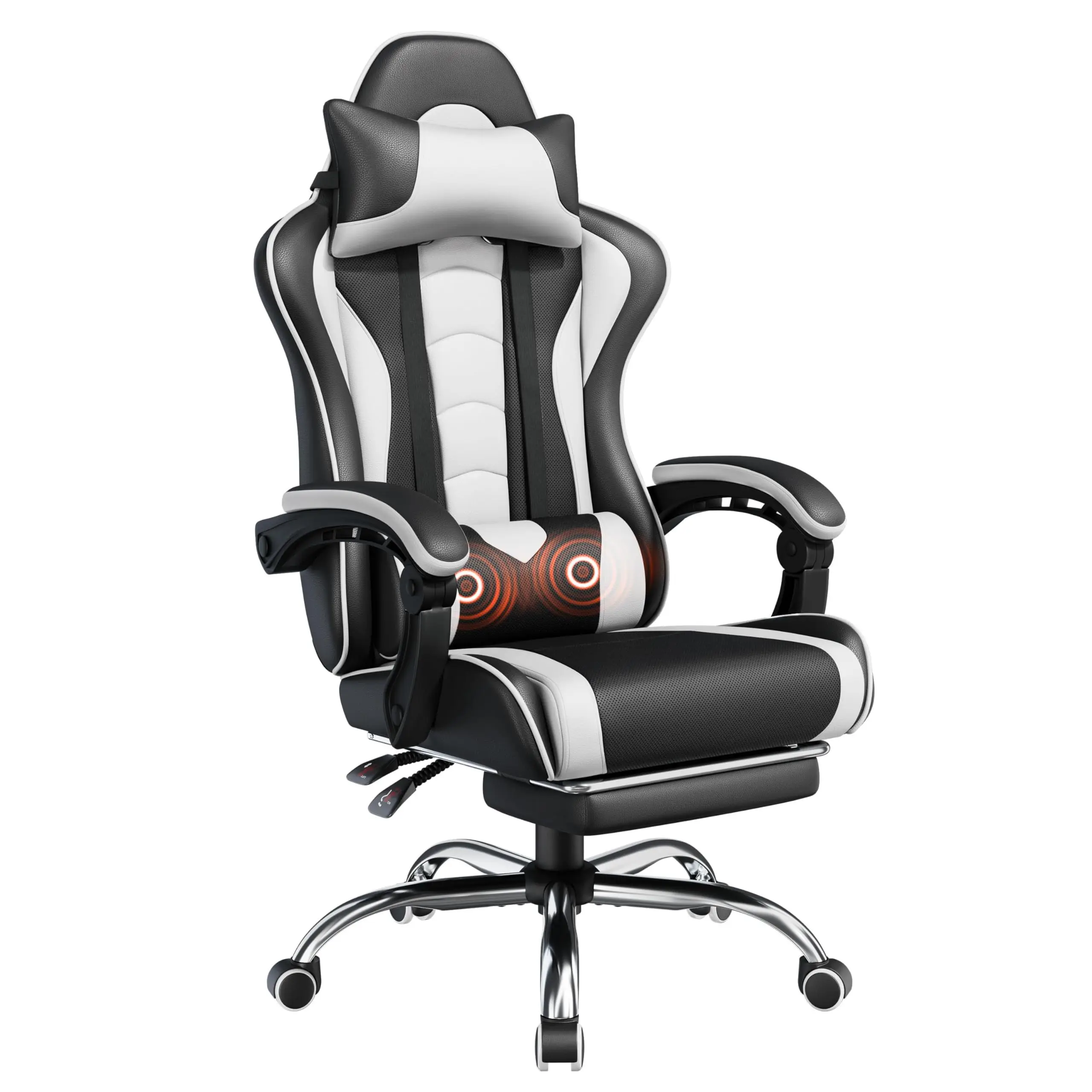 Gaming Chair with Footrest Massage Lumbar Pillow Black and White | Foam-padded PU leather racing seat and plush