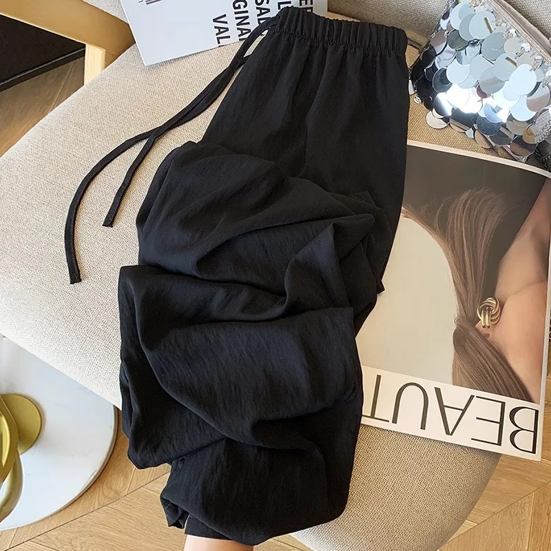 XIZOU Ice Silk Wide Leg Pants Women's Summer Thin Loose High Waist Qui Dry Straight Casual Sports Sun Protection Trousers