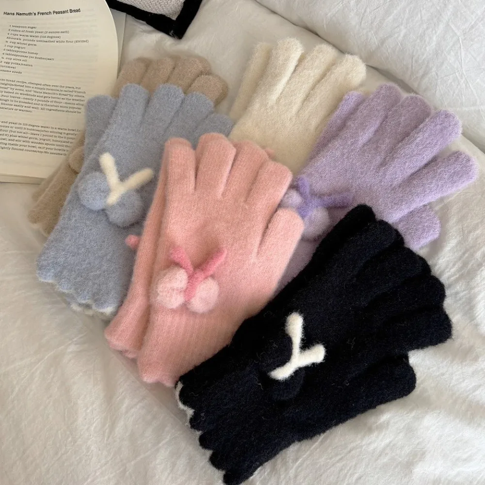 Cute Thickened Knitted Gloves Keep Warm Bowknot Winter Mittens Touch Screen Five Finger Gloves Women