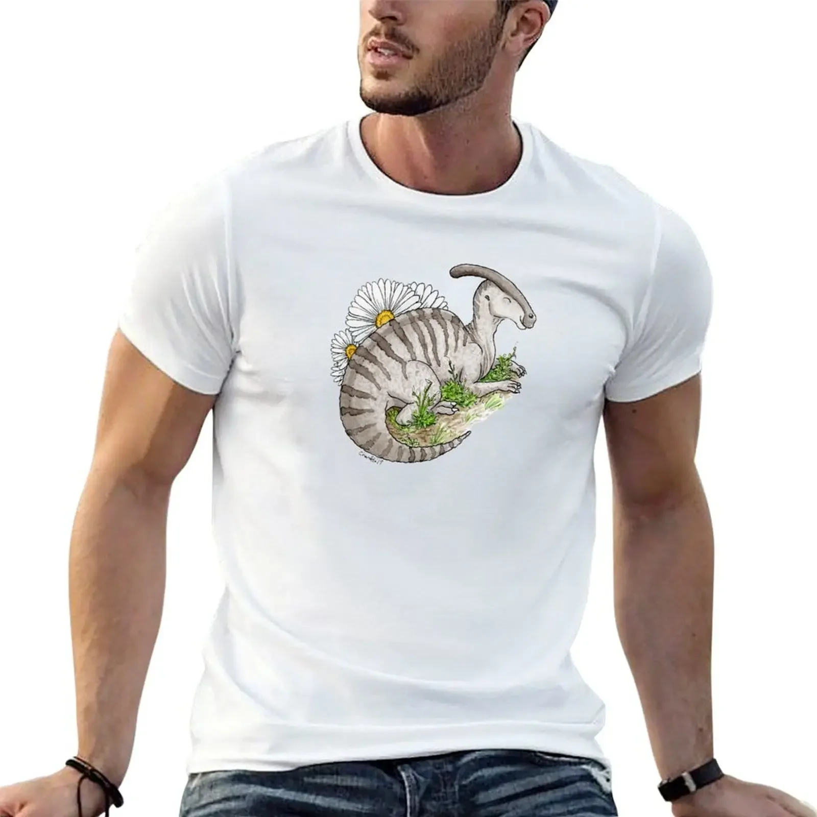 Parasaurolophus + Daisies T-shirt boys whites vintage Men's t-shirt