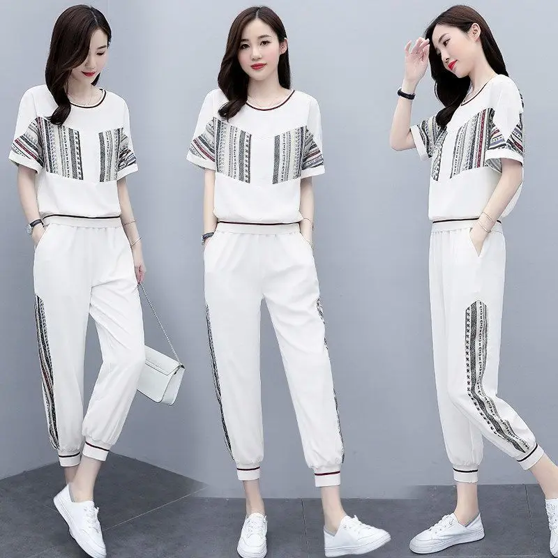 Women\'s Tracksuit Spring Summer New Casual Fashion Korean Clothes Short Sleeve Tops And Pants Two Peice Set For Women Sweat Suit