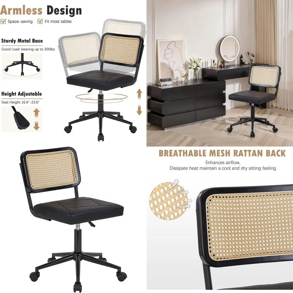 

Adjustable Height PU Leather Swivel Chair with Wheels for Home Office, Vanity, and Small Spaces in Black