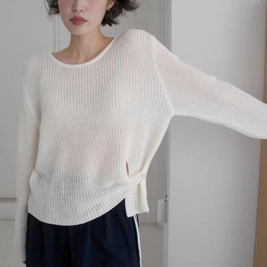 Loose Long Sve round Ne Knitted Sweater Women's Early Autumn  Thin Button Split  Comfortable Breathable