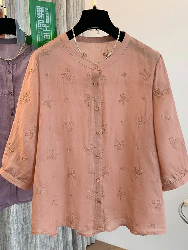 ريترو مطرز القطن الكتان اللون فضفاض عادية irt المرأة حجم كبير سبعة أرباع Sve زر الوقوف طوق مفتوح...