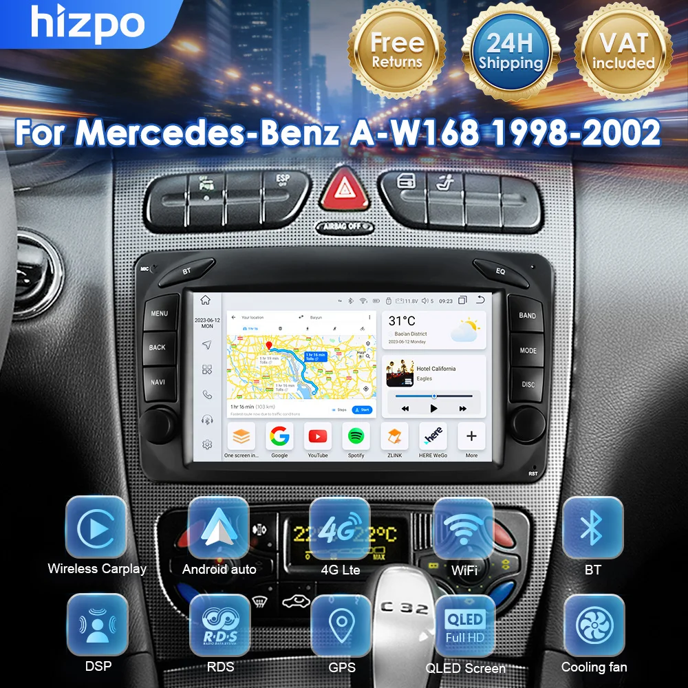 Hizpo Autoradio Android 14 2 Din 7" per Mercedes Benz W203 Vito W639 W168 Vaneo CLK W209, Sistema Multimediale GPS con Navigazione e Carplay
