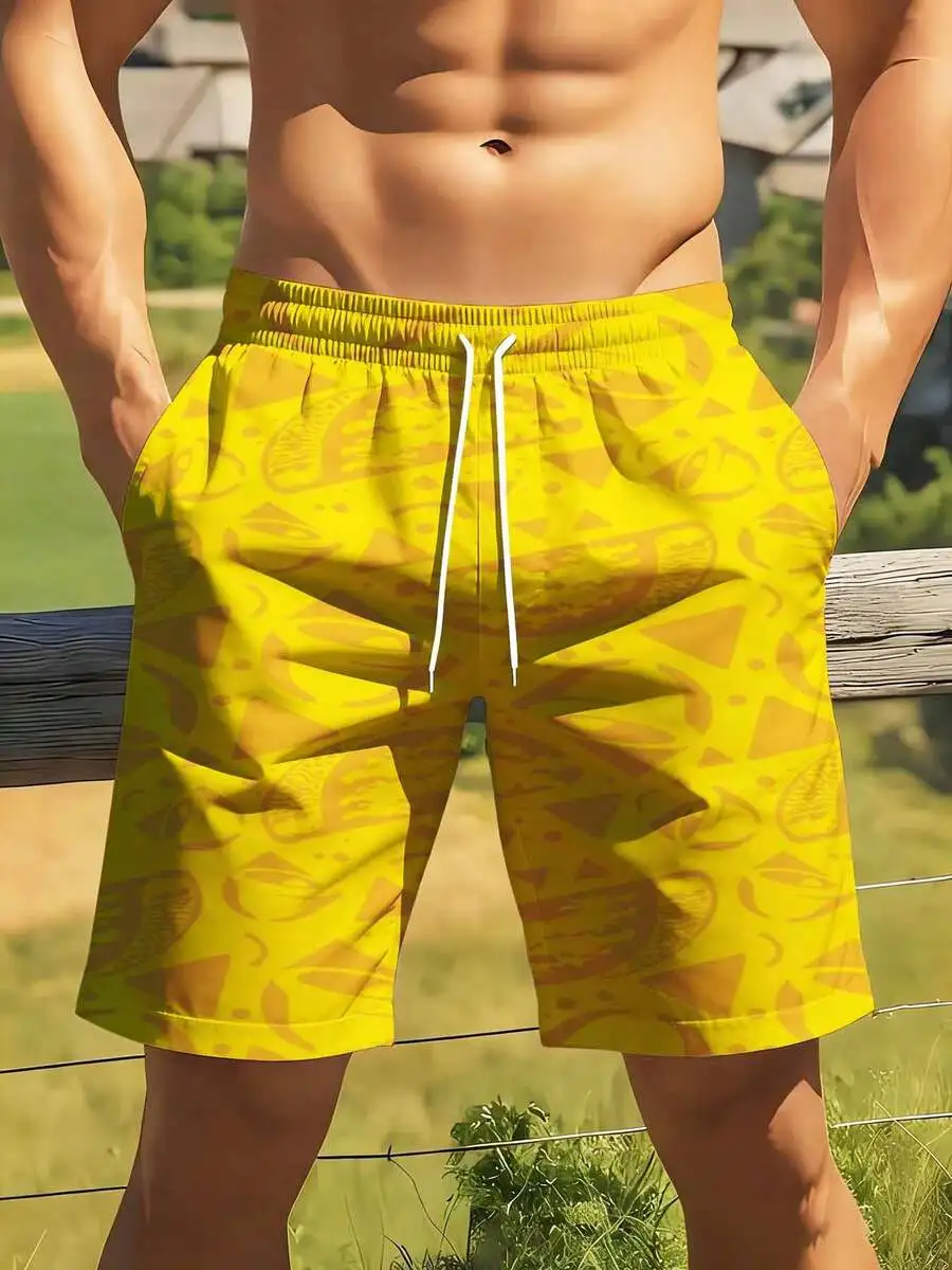 

Yellow Tropical Print Swim Shorts For Men Summer Beach Casual Sport Wear