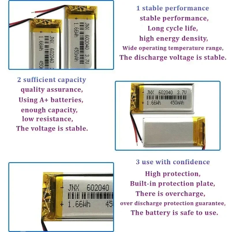 602040 Polymer 450mAhBattery Li Po 3.7V Lithium Battery DVR GPS Driving Recorder Bluetooth Headset Mp3/mp4 Rechargeable Battery
